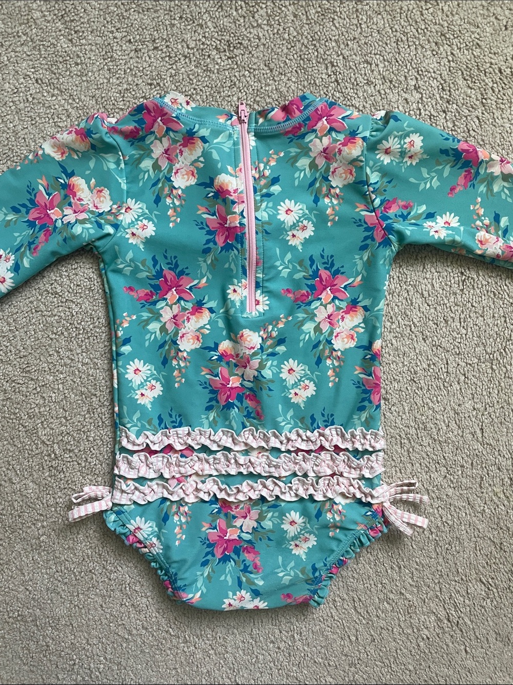 Ruffle Butts Teal Floral Long Sleeve One-Piece with Pink Ruffles